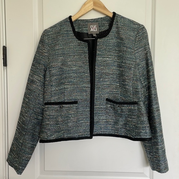 Roz & Ali Women’s Tweed-like Open Front Lady Jacket Blue/Green L - Picture 1 of 8